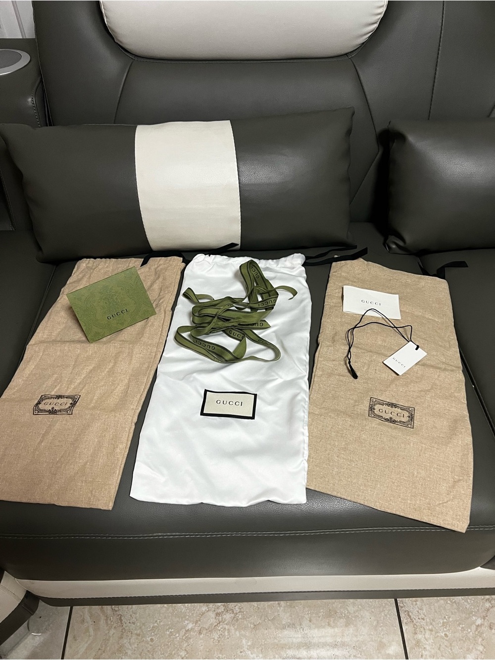 Gucci Beige and White Dust Bags with Olive Green Ribbon